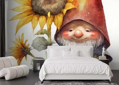 Garden gnome with yellow sunflowers watercolor Generative AI spring illustration	 Wall mural