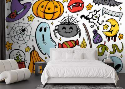 Halloween characters set isolated on white background in pop art comic style. Cut out Halloween stickers on white background. Wall mural