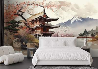 Japanese traditional building near river and mountains with sakura, Generative AI watercolor Japan nature landscape Wall mural