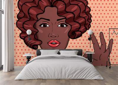 Vintage african american woman showing OK gesture pop art comic style illustration. Vector afro girl with brown curly hair in scarf. Wall mural