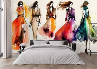 Watercolor fashion runway models concept art, Generative AI vogue illustration Wall mural