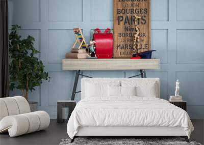 Modern interior room for school child with Desk and chair. Books, abacus, board, red backpack on wooden table	 Wall mural