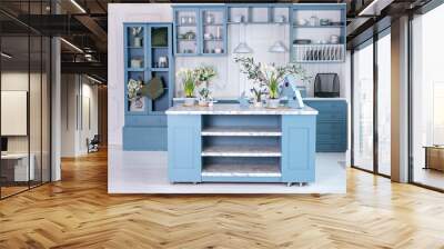 Wooden kitchen in easter decor. Cozy home decor. Kitchen utensils, dishes and plate on table. kitchen island in dining room. Blue kitchen interior with furniture. Stylish cuisine with flowers in vase. Wall mural