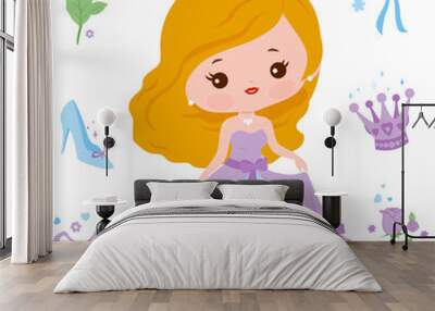 Beautiful princess with a pretty dress. Vector illustration set Wall mural