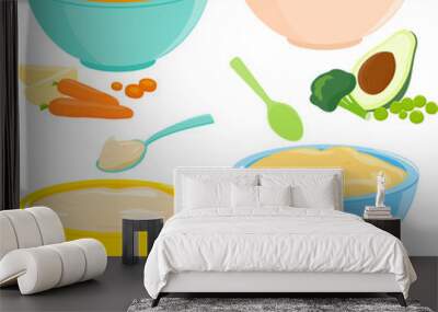 Bowls of baby and toddler food set and spoons. Cereal, fruit and vegetable puree with potato, avocado, broccoli, orange, carrot, apple and banana. Kids feeding products. Vector illustration collection Wall mural