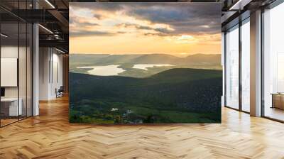 the view of two lakes from the height of the mountain, in the light of the setting sun, the clear cloudless sun. Spring view of the Crimea. Wall mural