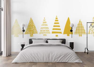 Christmas trees border. Christmas trees in a row vector seamless pattern. Geometric tree silhouettes gold on a white background. Perfect for Christmas cards, gift wrap, fabric, packaging. Wall mural