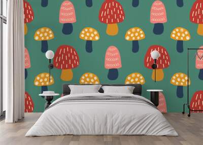 Doodle Mushroom seamless vector pattern. Modern background hand drawn mushroom nature illustration in pink red gold green. For kids fabric, fall decoration, Thanksgiving card, surface pattern design Wall mural