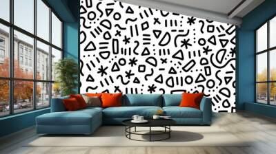 Memphis doodle pattern seamless vector repeat. Cute simple line art background with hand drawn elements black on white. Monochrome memphis style hipster backdrop for fabric, wallpaper, wrapping. Wall mural