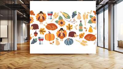 Vector border Thanksgiving. Seamless Autumn food roast turkey corn wine pumpkin family dinner greeting card repeating pattern design. Harvest festival. Fall party invitation banner. Happy Thanksgiving Wall mural