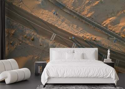 Aerial view cars driving along sandy trail path. Overhead desert offroad vehicle Wall mural