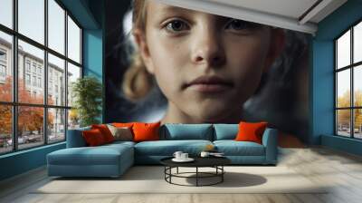 Closeup face frightened girl in dark hall. Schoolgirl standing school corridor. Wall mural