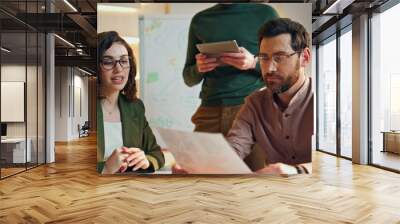 Company staff working conference room discussing work project with ceo close up. Wall mural