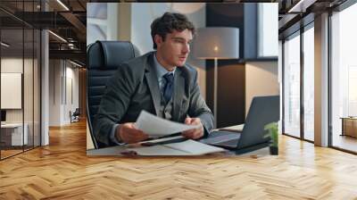 Focused boss reading papers working laptop agency closeup. Excited man rejoicing Wall mural