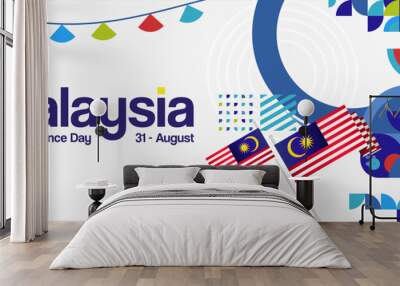 Malaysia Independence Day banner in modern geometric style. Wide banner with typography and also country flag. Background for National holiday celebration party. Happy Merdeka Day of Malaysia Wall mural