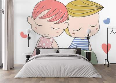 Romantic concept. Loving boy and girl. Cute cartoon vector illus Wall mural