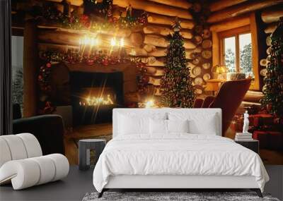 Classic log cabin interior with christmas tree, fireplace, lounge armchair, woden roof and walls, wood floor. Digital painting illustration mock up. Xmas cosy scene. Atmospheric warm interior Wall mural