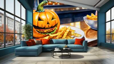 Halloween pumpkin stuffed with beef served on a plate with fries. Watercolor painting. Wall mural