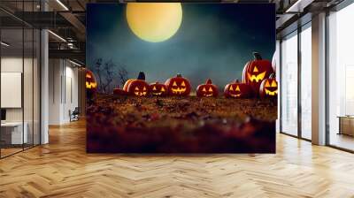 Night field with line of scary and horrible pumpkins, under a blood and orange moon, for design or background on Halloween, 3D  illustration Wall mural