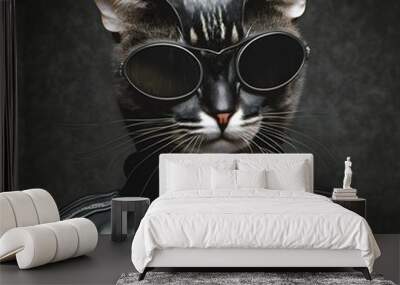 Portrait of a macho cat wearing a black leather jacket and stylish black sunglasses. Posing as a motorcyclist model. Artistic digital painting. Professional studio shooting. Wall mural