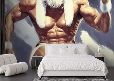 Santa Claus exercises long-distance running before the holiday season to improve his form. Santa's athletic physique and muscular body. Santa sprinetr. Christmas eve 2022 Generative AI illustrations Wall mural