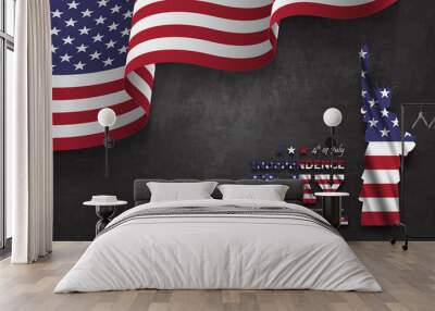 4th of July happy independence day of america background . Statue of liberty with text and waving american flag at corner on chalkboard texture . Vector Wall mural