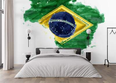 Brazil flag watercolor painting design . Country map shape . Independence day concept ( 7 September 1822 ) . Vector . Wall mural