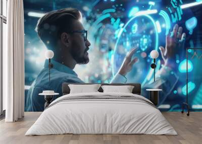 Businessman interacting with a virtual cloud interface, holographic data charts surrounding him, cloud computing, futuristic business Wall mural