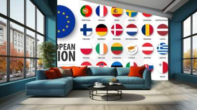 European union . EU and membership flags . Flat circle element design . White isolated background and europe map . Vector . Wall mural