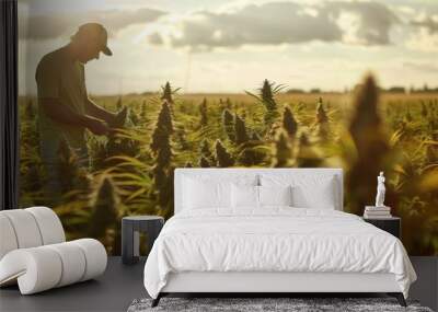 Farmer tending to a lush cannabis field under the sunlight, emphasizing sustainable farming practices, cannabis, eco-friendly cultivation Wall mural