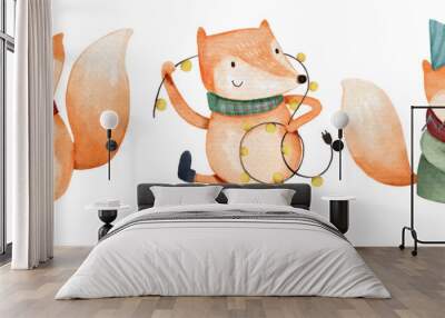 Fox with christmas costume . Watercolor paint cartoon characters . Isolated . Set 2 of 7 . Vector . Wall mural