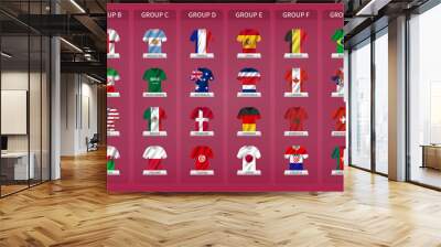 Qatar soccer cup tournament 2022 . 32 teams group stages with jersey and waving country flag pattern . Vector . Wall mural