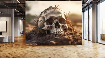 Skull of human was buried in soil . Created by generative AI . Wall mural