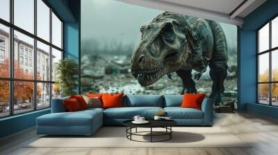 Tyrannosaurus rex dinosaur standing alone among the dystopia city's ruins Wall mural