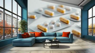 Blister packs with yellow and white medicine capsules and tablets scattered on a white background healthcare and pharmaceutical concept. Generative AI Wall mural