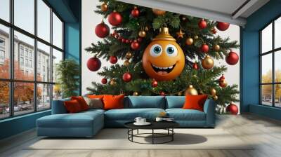 Festive Christmas tree with a cartoon ornament smiling among colorful baubles Wall mural