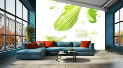 Realistic flying green cabbage leaves with seeds scattered on a white background perfect for health food and culinary designs or creative vegetable concepts. Generative AI Wall mural