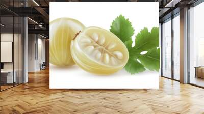 Two fresh gooseberries one cut in half with leaves isolated on white background high-quality image for fruit and culinary designs close-up view. Generative AI Wall mural