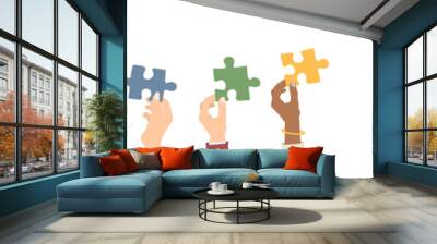 Teamwork. Multi-ethnic group holding puzzles. The concept of cooperation and partnership. Flat style. Vector illustration Wall mural