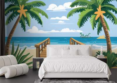 Beach with palm trees and a wooden bridge over the sea background vector illustration Wall mural