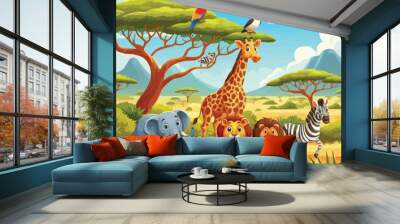 Cartoon wild animals in savannah African safari wildlife. vector Wall mural