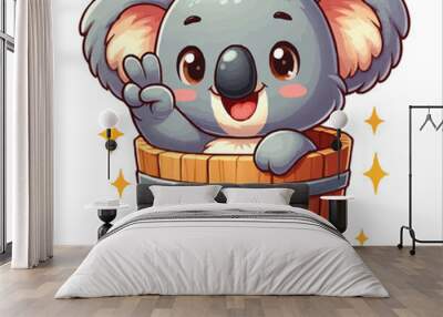 cheerful koala in a wooden bucket cartoon vector illustration Wall mural