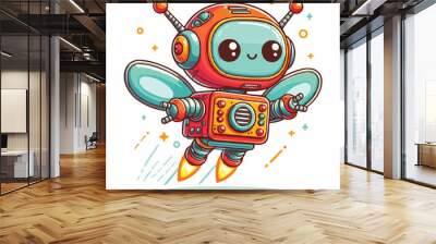 Cute cartoon robot flying Wall mural