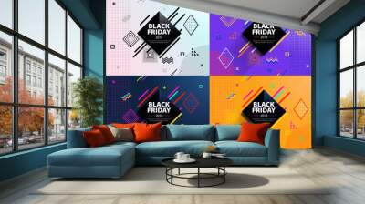 Black friday 2018. Sale and discounts fashion banners. A set of banners templates in flat trendy memphis geometric style. Abstract rhomb geometric design and background.  Fashionable vector image Wall mural