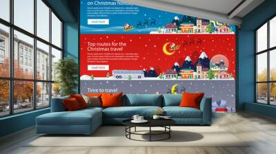 Merry Christmas banners in flat style. Traveling by plane, bus and train. A small town in mountains. The winter vacation. Mountains, buildings, trees and snow. Christmas travel vector illustration Wall mural