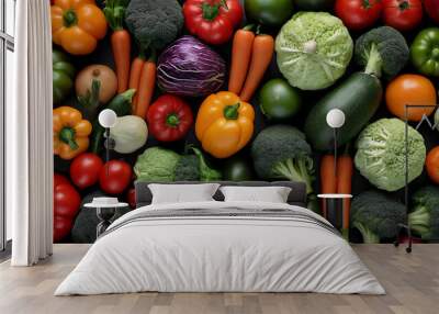 Bunte Mischung an frischem Gemüse mit Brokkoli, Karotten, Paprika, Tomaten und Zucchini, ideal für gesunde und vitaminreiche Gerichte sowie ausgewogene Rezepte Wall mural