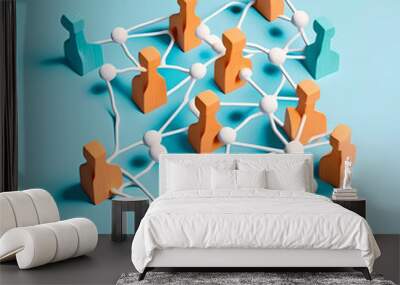 Generative AI, pieces of wood of different colors interconnected, like networks Wall mural