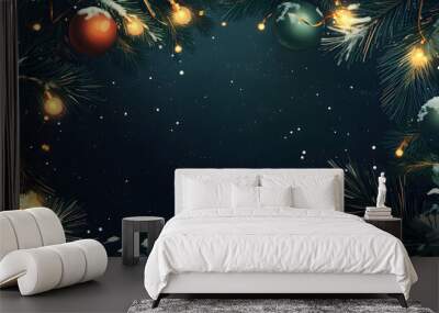 Christmas bright decorations with snow balloons and garland lights set against a dark background of pine branches Wall mural