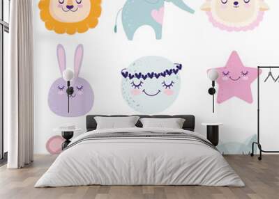 baby shower, cute lion bunny cat bear elephant moon star sheep cartoon icons Wall mural