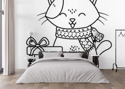 cat with gift boxes celebration merry christmas thick line Wall mural